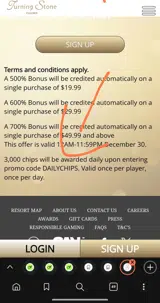 Turning Stone Online Casino coupon verification screenshot