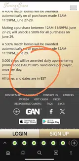 Turning Stone Online Casino coupon verification screenshot