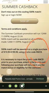 Turning Stone Online Casino coupon verification screenshot