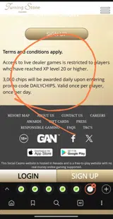 Turning Stone Online Casino coupon verification screenshot
