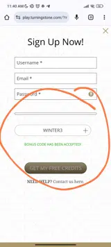 Turning Stone Online Casino coupon verification screenshot