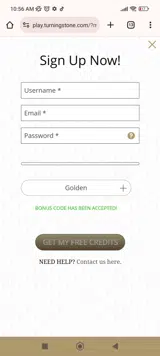 Turning Stone Online Casino coupon verification screenshot