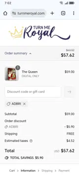 Turn Me Royal coupon verification screenshot