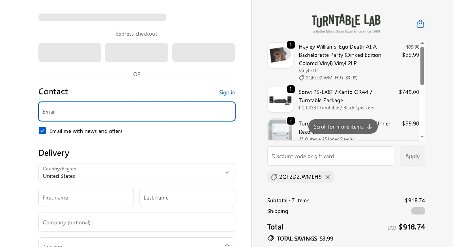 Turntable Lab promo code screenshot showing code 2QF2D2JWMLH9 applied at Turntable Lab checkout page. Uploaded by SimplyCodes community member beatrizcastillo on Jun 10, 2026