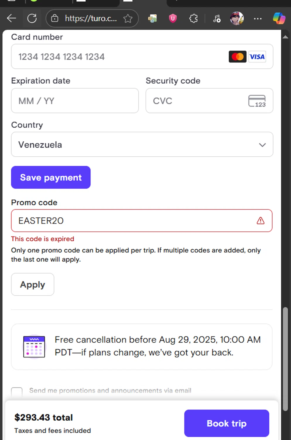 Turo promo code screenshot showing code EASTER20 applied at Turo checkout page. Uploaded by SimplyCodes community member belindaflores on Aug 28, 2025