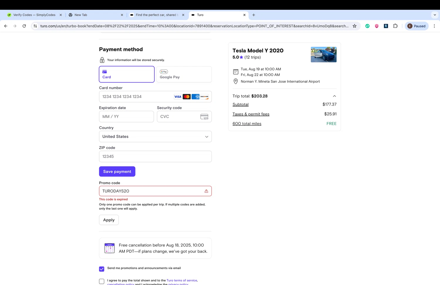 Turo promo code screenshot showing code TURODAYS20 applied at Turo checkout page. Uploaded by SimplyCodes community member DiscountSleuth2229 on Aug 17, 2025