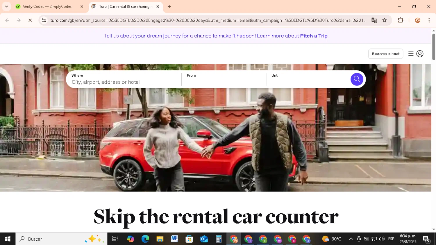 Turo promo code screenshot showing code TURODAYS20 applied at Turo checkout page. Uploaded by SimplyCodes community member RebateCollector5909 on Aug 25, 2025
