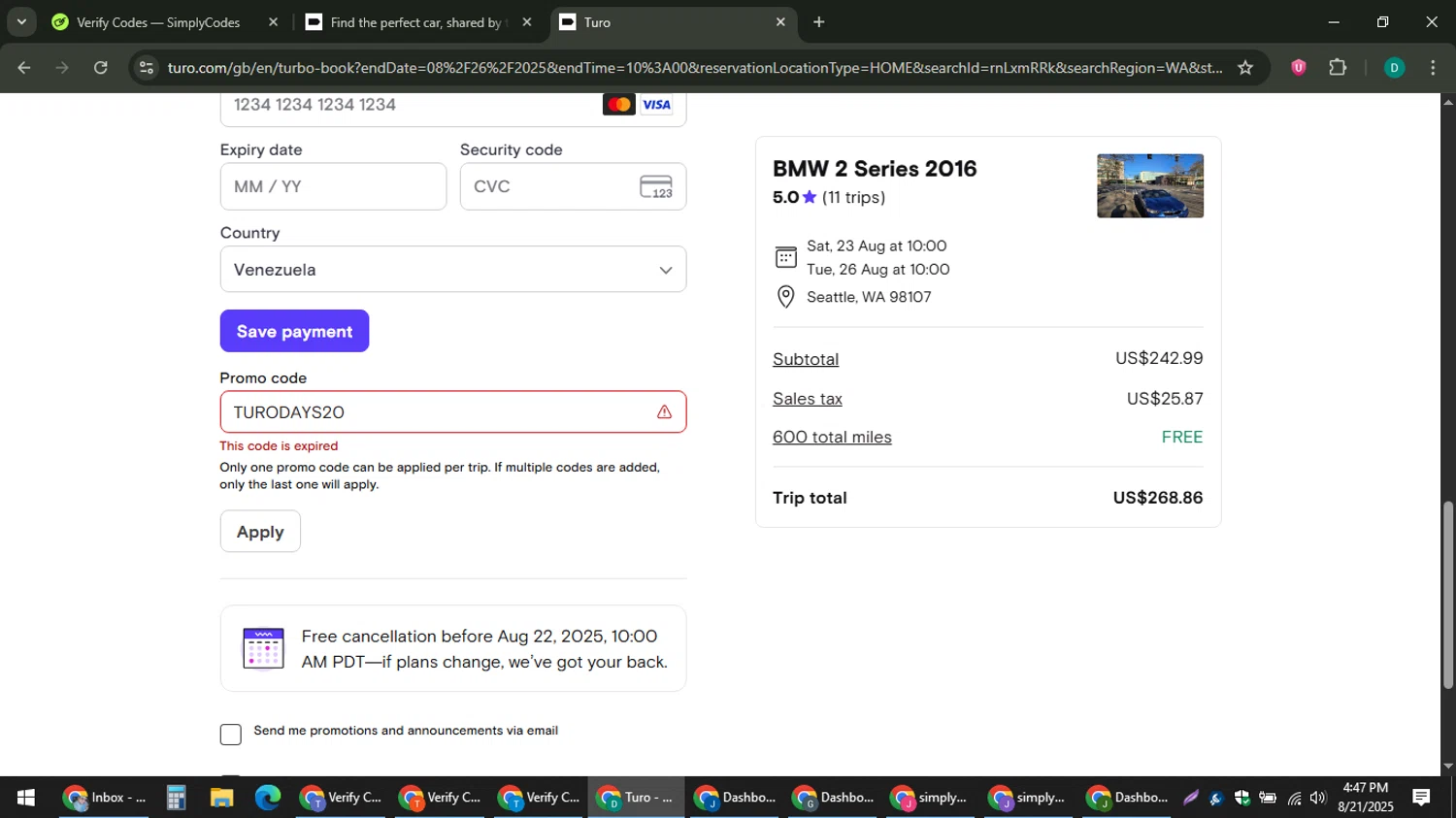 Turo promo code screenshot showing code TURODAYS20 applied at Turo checkout page. Uploaded by SimplyCodes community member ThriftyLion6776 on Aug 21, 2025