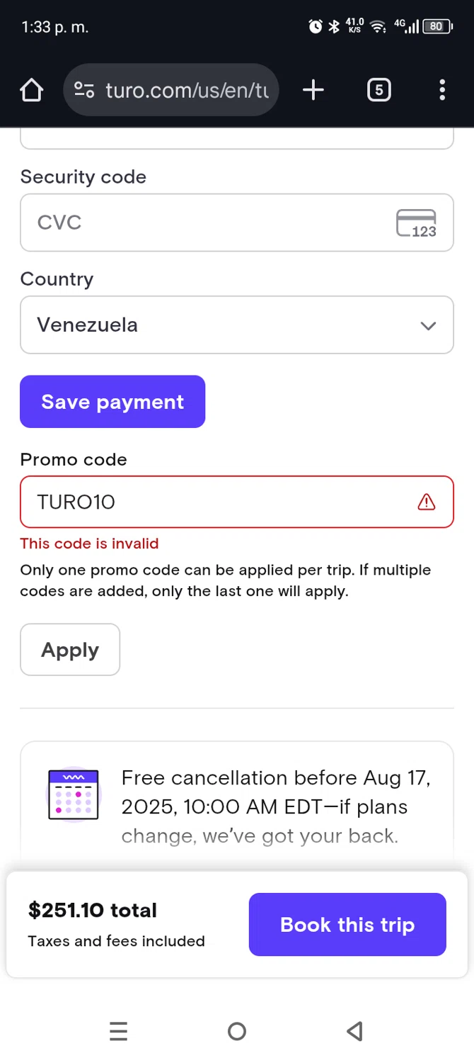 Turo promo code screenshot showing code TURO10 applied at Turo checkout page. Uploaded by SimplyCodes community member Mdeoca on Aug 16, 2025