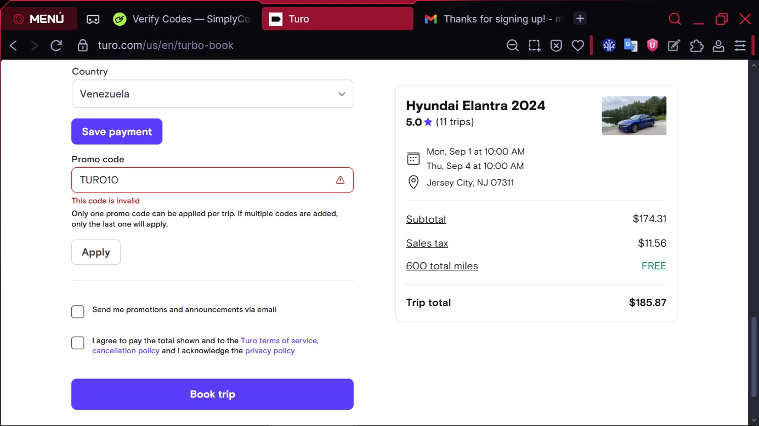 Turo promo code screenshot showing code TURO10 applied at Turo checkout page. Uploaded by SimplyCodes community member MoneySentinel1166 on Aug 20, 2025