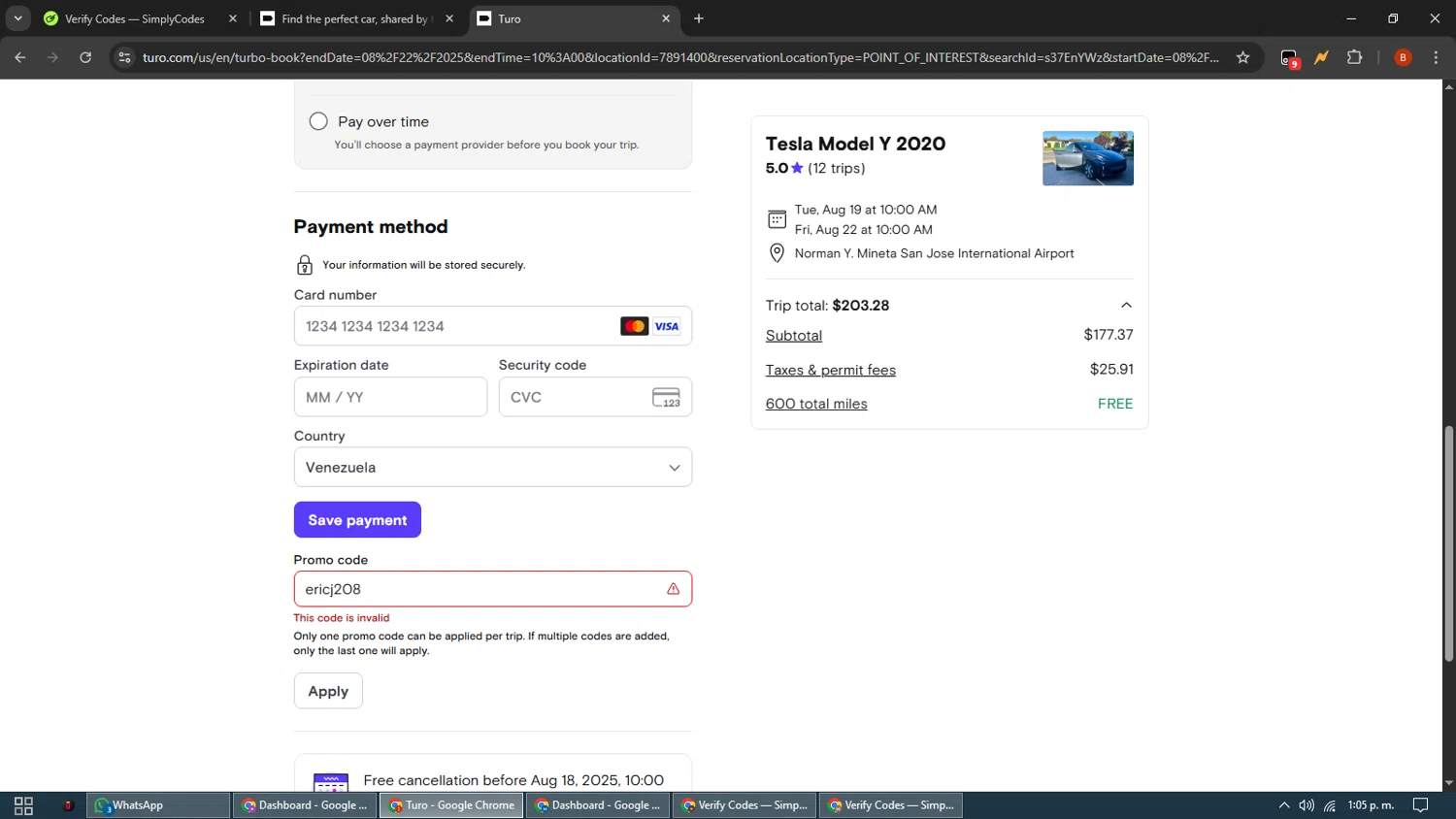 Turo promo code screenshot showing code ericj208 applied at Turo checkout page. Uploaded by SimplyCodes community member BrilliantLynx7174 on Aug 17, 2025