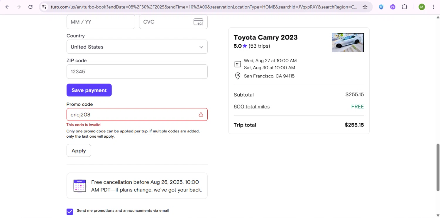 Turo promo code screenshot showing code ericj208 applied at Turo checkout page. Uploaded by SimplyCodes community member SaleSentinel7319 on Aug 26, 2025
