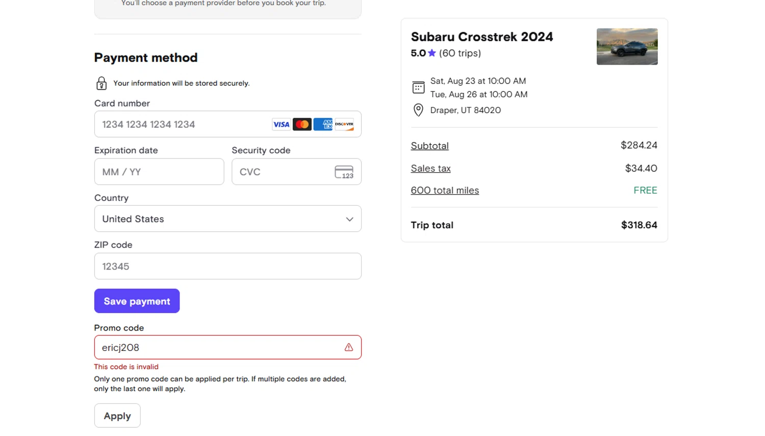 Turo promo code screenshot showing code ericj208 applied at Turo checkout page. Uploaded by SimplyCodes community member VictoriousFinder8211 on Aug 21, 2025