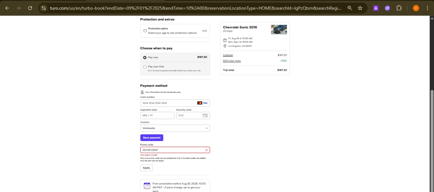 Turo promo code screenshot showing code 3DVXPVQMP applied at Turo checkout page. Uploaded by SimplyCodes community member NobleElite1598 on Aug 27, 2025
