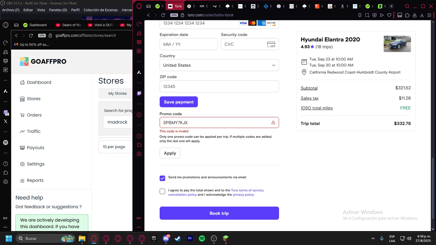 Turo promo code screenshot showing code 3PBMY7KJX applied at Turo checkout page. Uploaded by SimplyCodes community member Billyyou on Aug 27, 2025