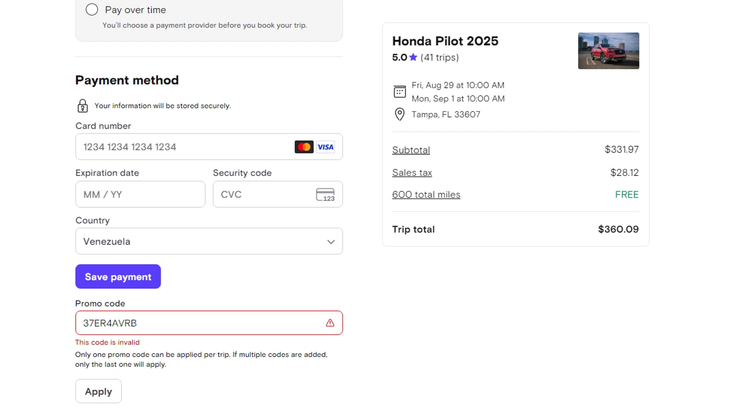 Turo promo code screenshot showing code 37ER4AVRB applied at Turo checkout page. Uploaded by SimplyCodes community member SavvyHawk656 on Aug 28, 2025