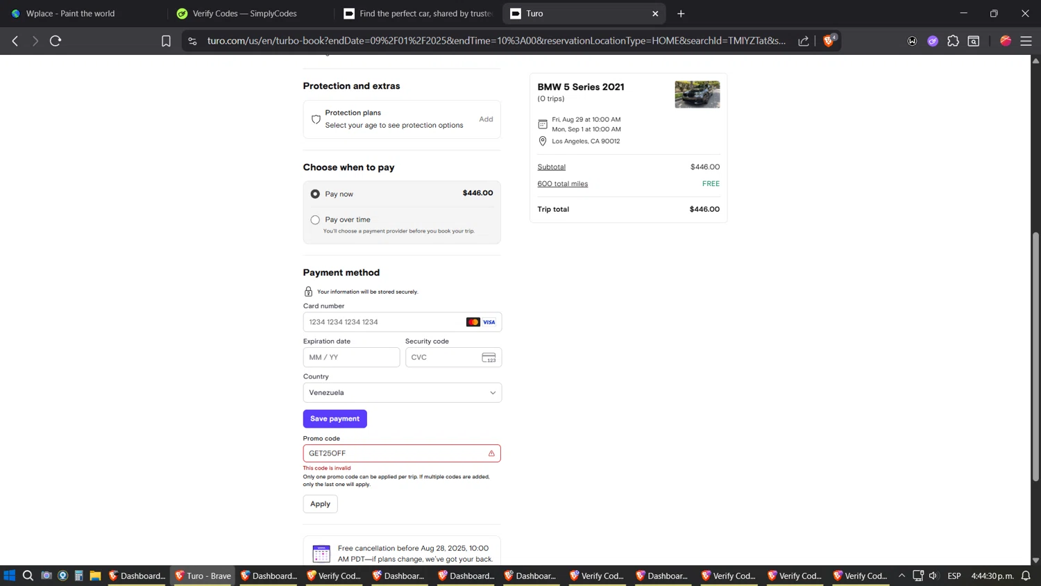 Turo promo code screenshot showing code GET25OFF applied at Turo checkout page. Uploaded by SimplyCodes community member verifier_983798000 on Aug 27, 2025
