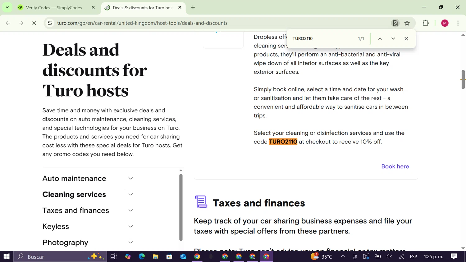 Turo promo code screenshot showing code TURO2110 applied at Turo checkout page. Uploaded by SimplyCodes community member CouponAce9216 on Aug 27, 2025