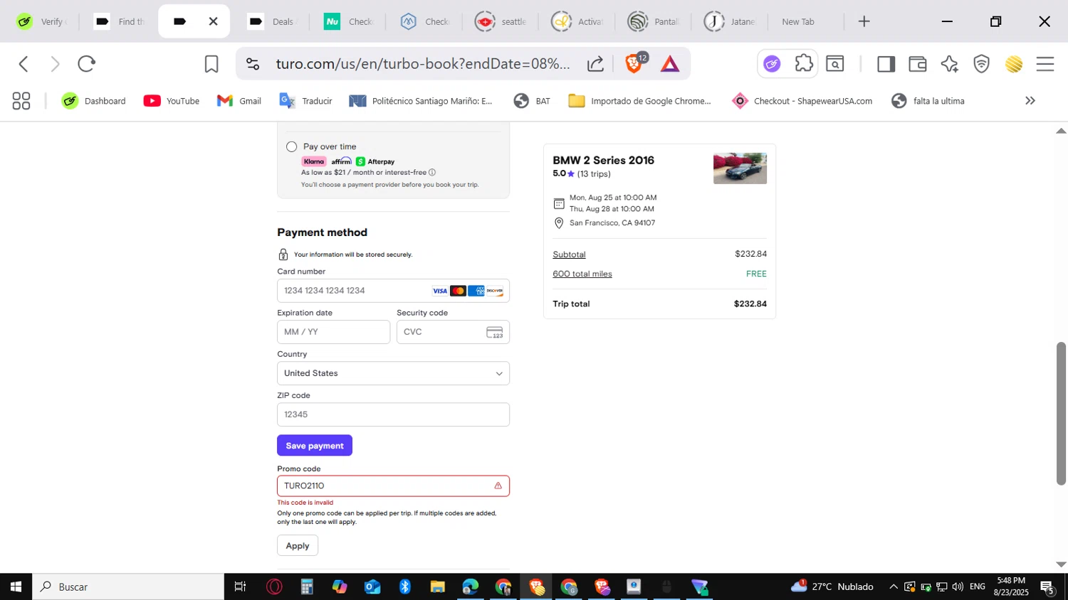 Turo promo code screenshot showing code TURO2110 applied at Turo checkout page. Uploaded by SimplyCodes community member myke_suave on Aug 23, 2025