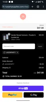 JASONPARTY coupon verification screenshot