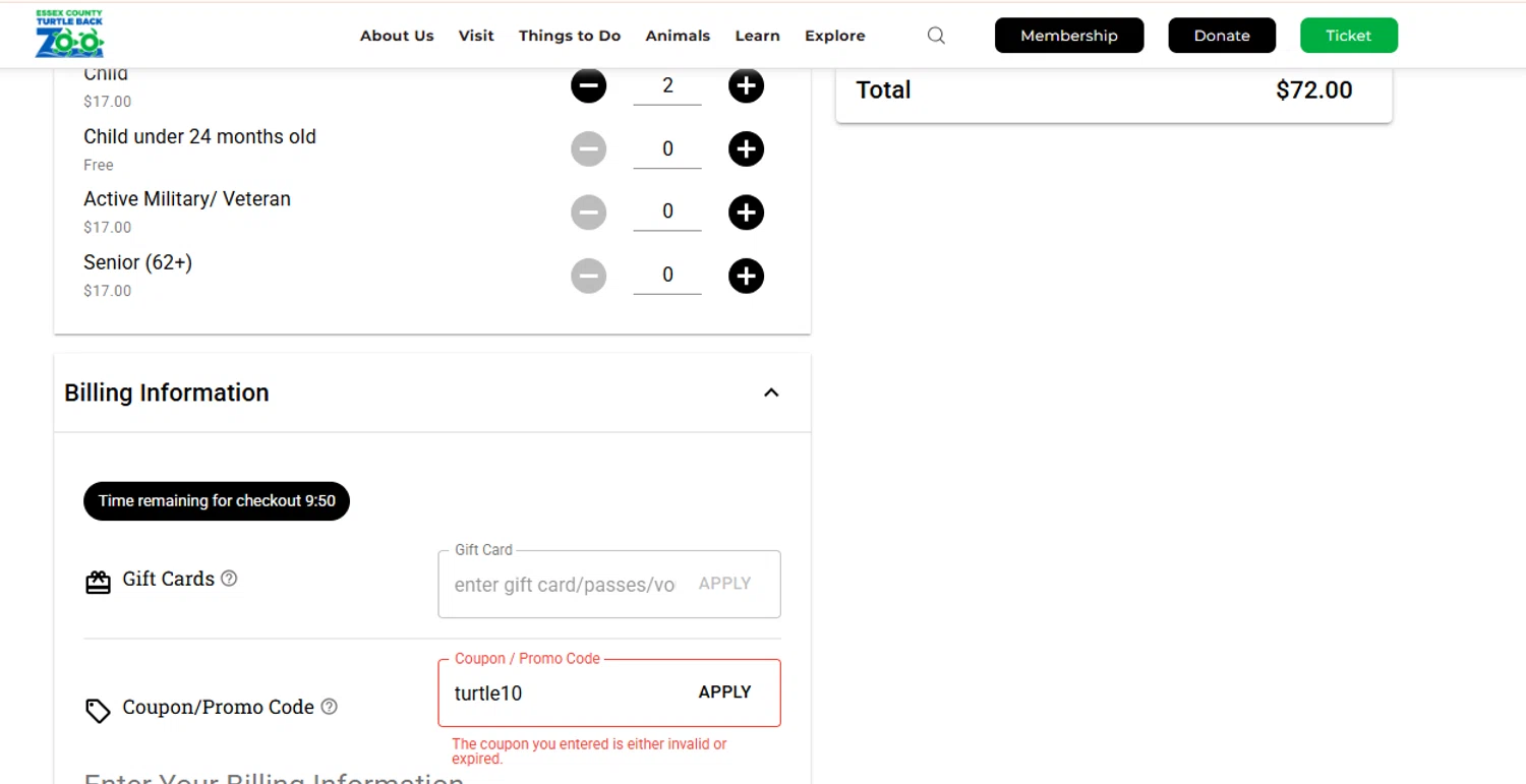 Turtle Back Zoo promo code screenshot showing code turtle10 applied at Turtle Back Zoo checkout page. Uploaded by SimplyCodes community member SnoopDogg on Mar 23, 2025