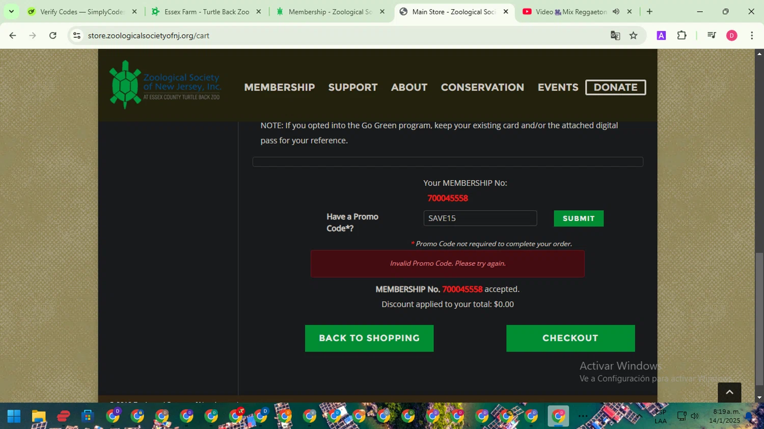 Turtle Back Zoo promo code screenshot showing code SAVE15 applied at Turtle Back Zoo checkout page. Uploaded by SimplyCodes community member WiseAdmiral7334 on Jan 14, 2025