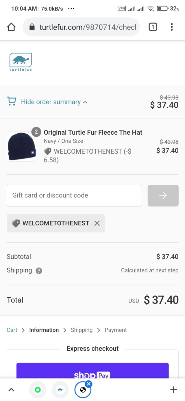 Turtle Fur checkout page showing Turtle Fur discount code box | Screenshot taken by SimplyCodes community member on Mar 2, 2021