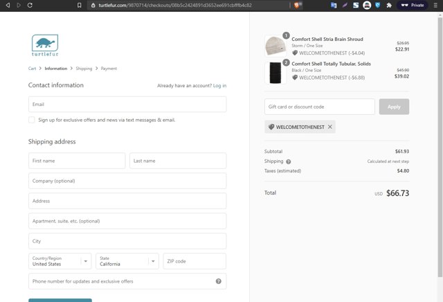 Turtle Fur checkout page showing Turtle Fur discount code box | Screenshot taken by SimplyCodes community member on Mar 31, 2021