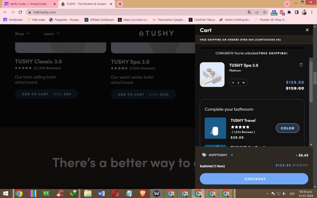 Tushy checkout page showing Tushy discount code box | Screenshot taken by SimplyCodes community member on Jan 12, 2024