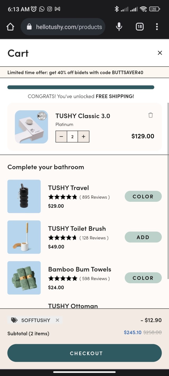 Tushy checkout page showing Tushy discount code box | Screenshot taken by SimplyCodes community member on Jun 9, 2023