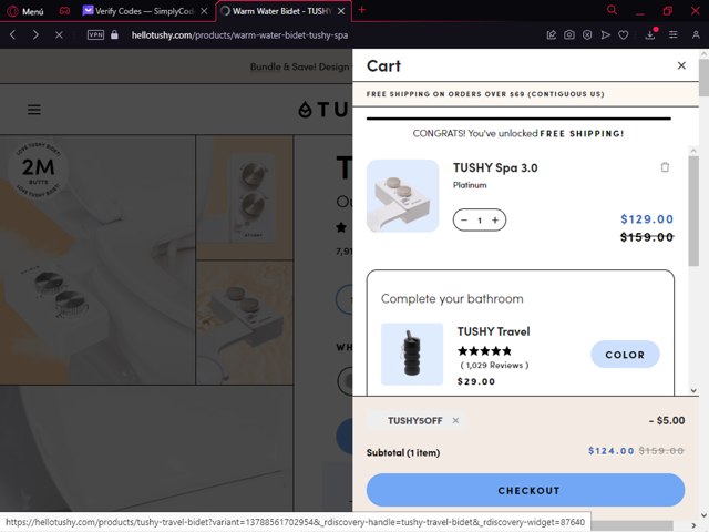 Tushy checkout page showing Tushy discount code box | Screenshot taken by SimplyCodes community member on Jan 31, 2024