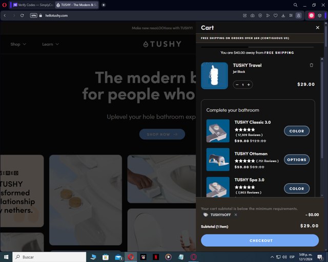 Tushy checkout page showing Tushy discount code box | Screenshot taken by SimplyCodes community member on Jan 12, 2024