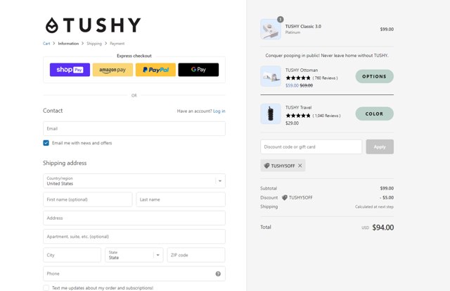 Tushy checkout page showing Tushy discount code box | Screenshot taken by SimplyCodes community member on Mar 15, 2024