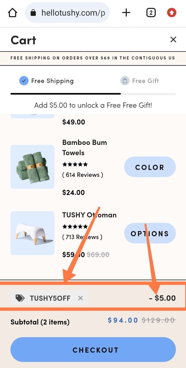 Tushy checkout page showing Tushy discount code box | Screenshot taken by SimplyCodes community member on Oct 30, 2023