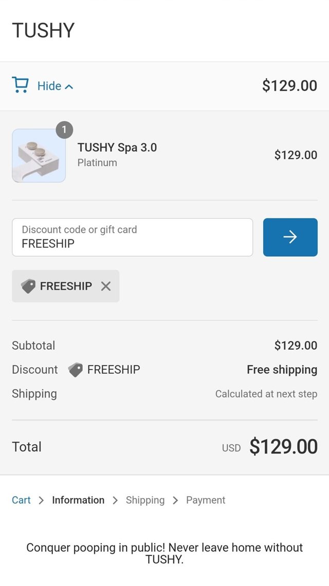 Tushy checkout page showing Tushy discount code box | Screenshot taken by SimplyCodes community member on Oct 8, 2023
