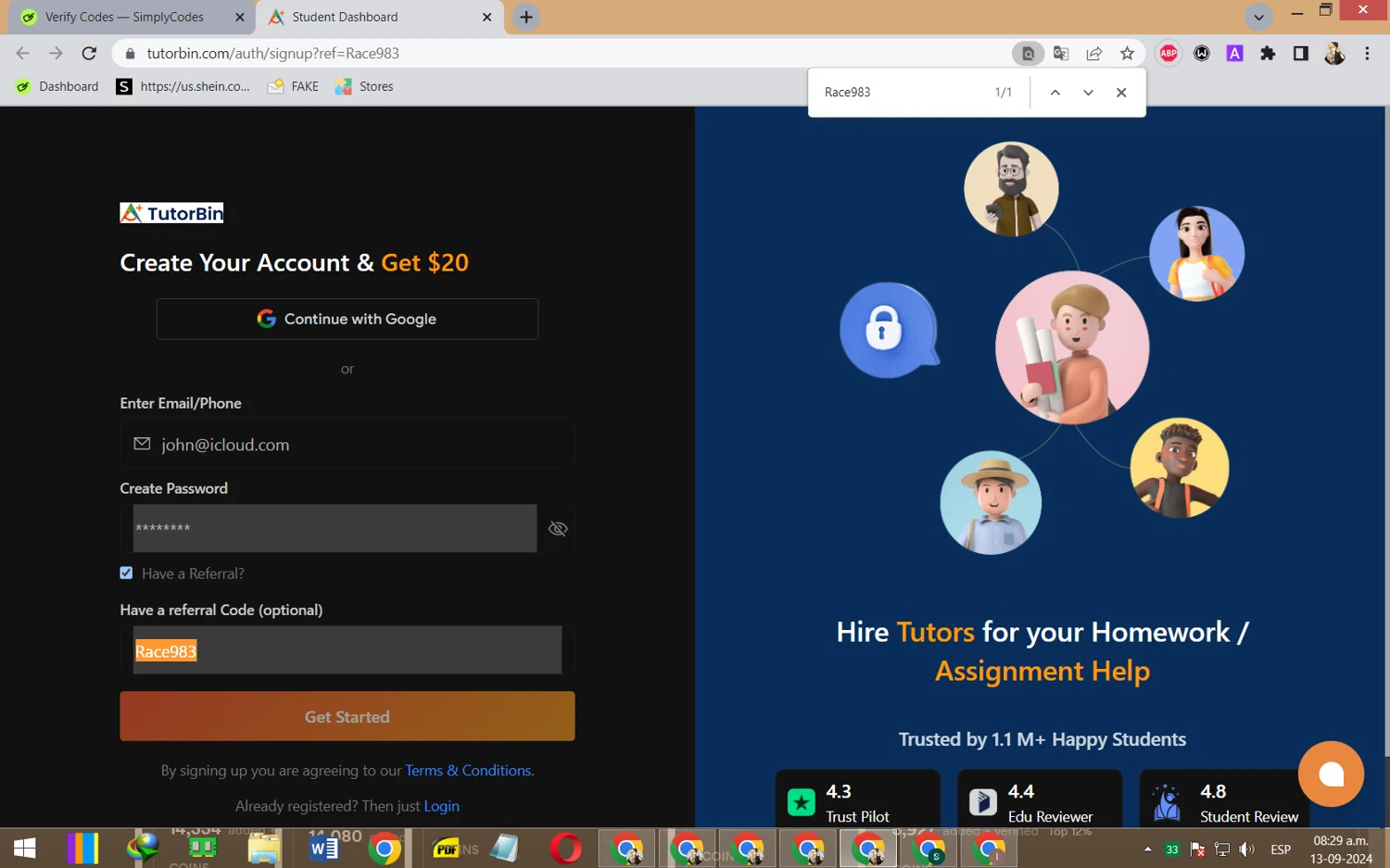 TutorBin checkout page showing TutorBin promo code box | Screenshot taken by SimplyCodes community member on Sep 13, 2024