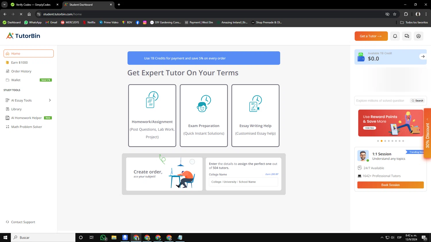 TutorBin checkout page showing TutorBin promo code box | Screenshot taken by SimplyCodes community member on Sep 13, 2024