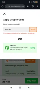 Tutorials Point coupon verification screenshot