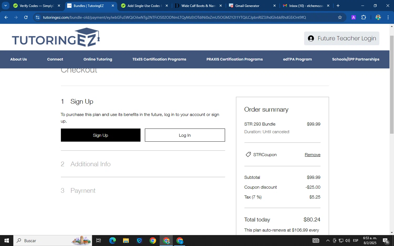 TutoringEZ promo code screenshot showing code STRCoupon applied at TutoringEZ checkout page. Uploaded by SimplyCodes community member helicoide on Feb 8, 2025