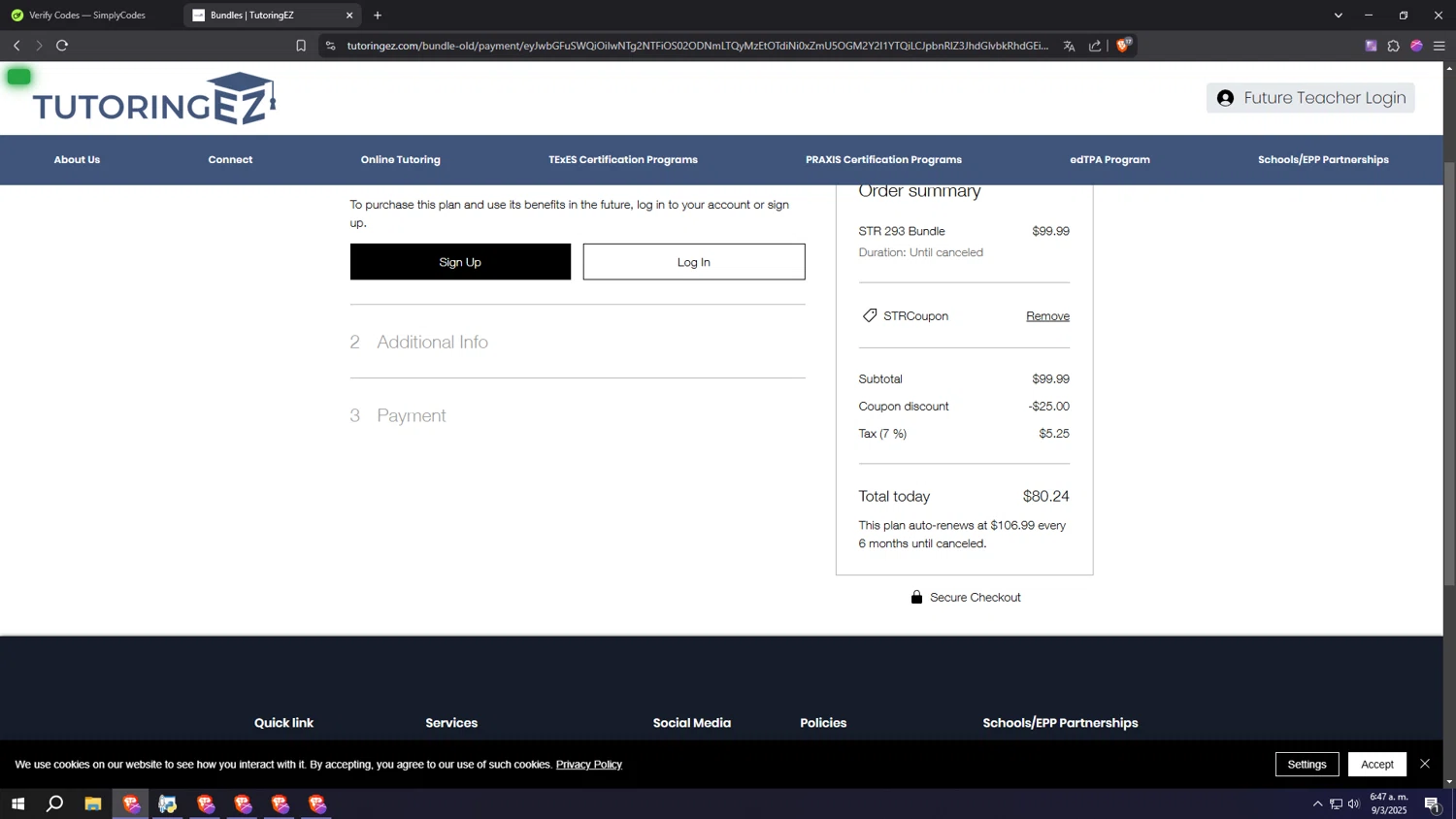 TutoringEZ promo code screenshot showing code STRCoupon applied at TutoringEZ checkout page. Uploaded by SimplyCodes community member MRYORMAN on Mar 9, 2025