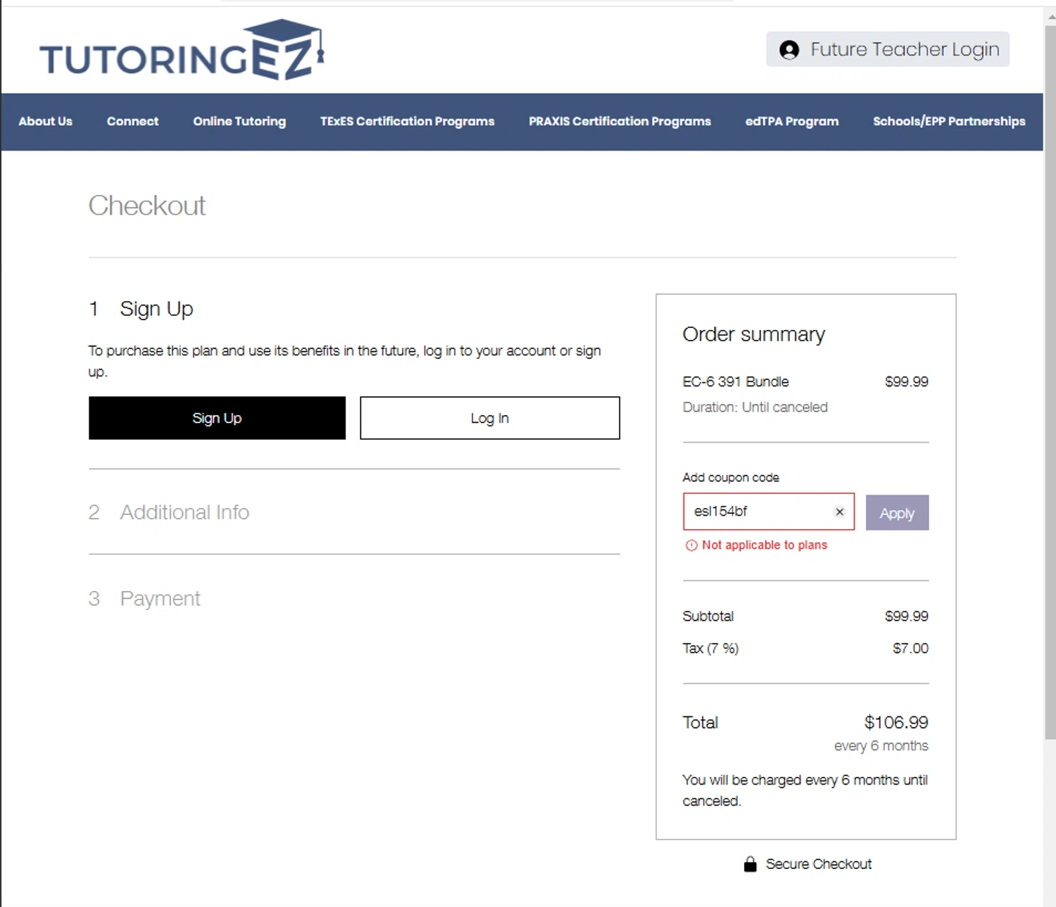 TutoringEZ promo code screenshot showing code esl154bf applied at TutoringEZ checkout page. Uploaded by SimplyCodes community member Frionel_Pessi on Mar 21, 2025