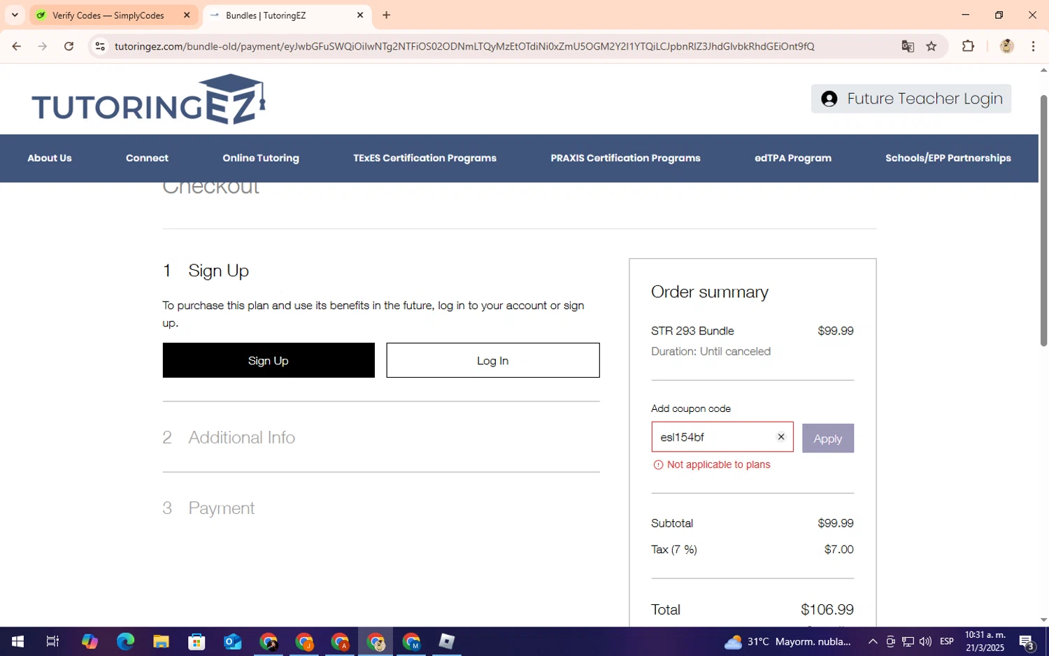 TutoringEZ promo code screenshot showing code esl154bf applied at TutoringEZ checkout page. Uploaded by SimplyCodes community member Lilithh on Mar 21, 2025