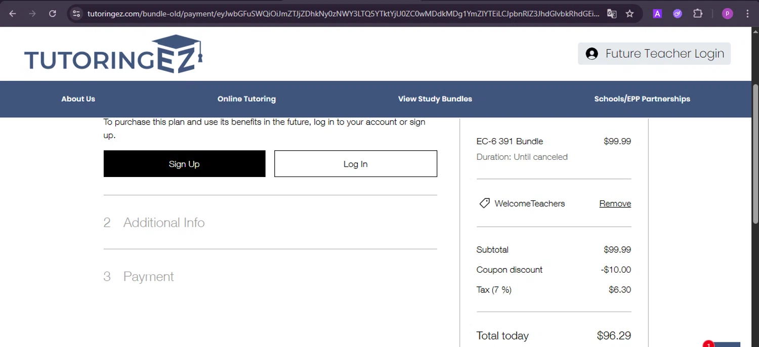 TutoringEZ promo code screenshot showing code WelcomeTeachers applied at TutoringEZ checkout page. Uploaded by SimplyCodes community member firoas on Nov 21, 2025