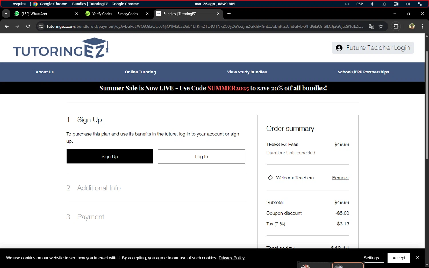 TutoringEZ promo code screenshot showing code WelcomeTeachers applied at TutoringEZ checkout page. Uploaded by SimplyCodes community member ELVERDEDESAMP on Aug 26, 2025