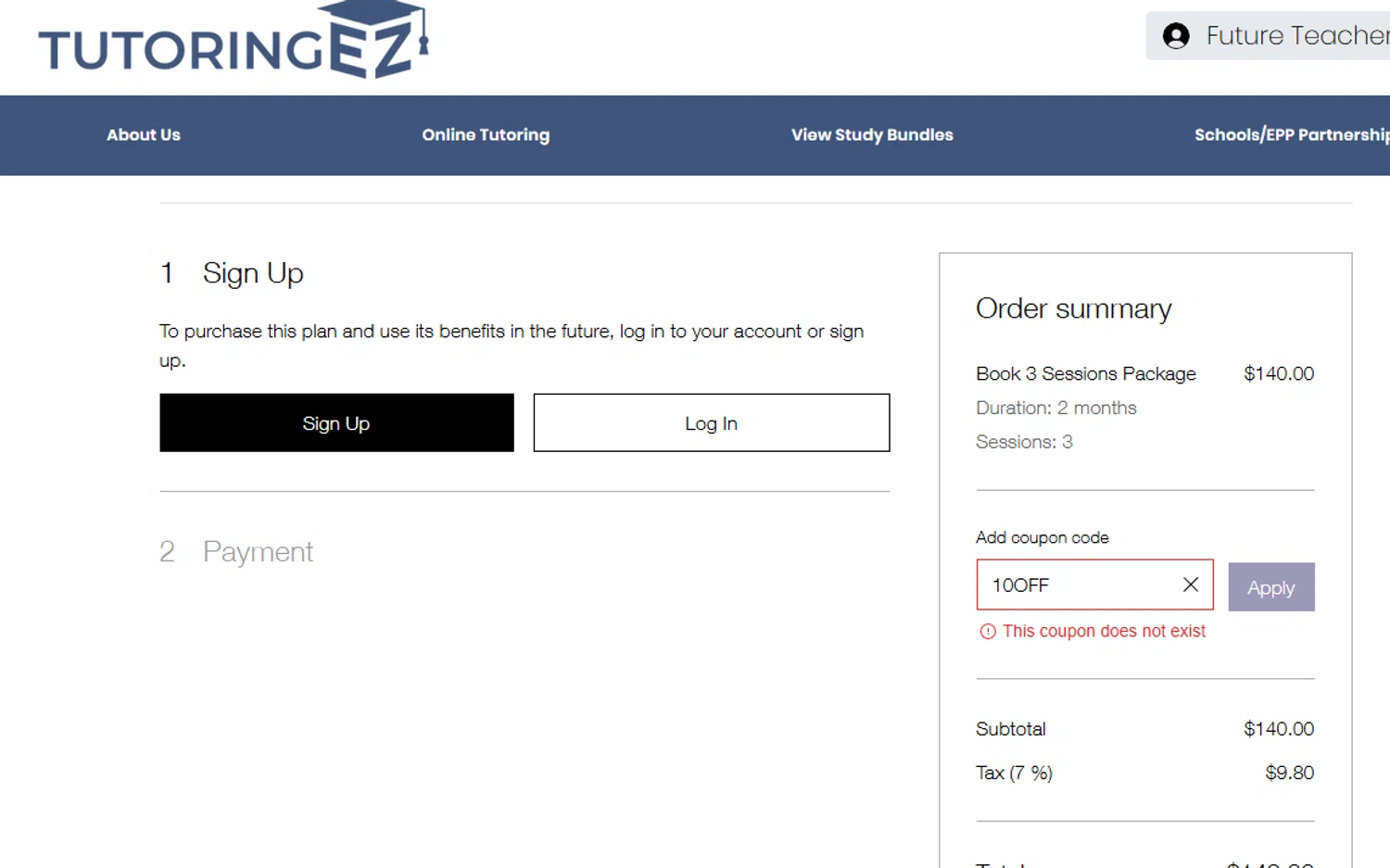 TutoringEZ promo code screenshot showing code 10OFF applied at TutoringEZ checkout page. Uploaded by SimplyCodes community member Dejadepicharme on Nov 8, 2025