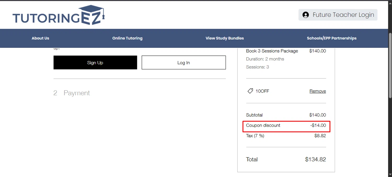 TutoringEZ promo code screenshot showing code 10OFF applied at TutoringEZ checkout page. Uploaded by SimplyCodes community member noworries on Oct 10, 2025