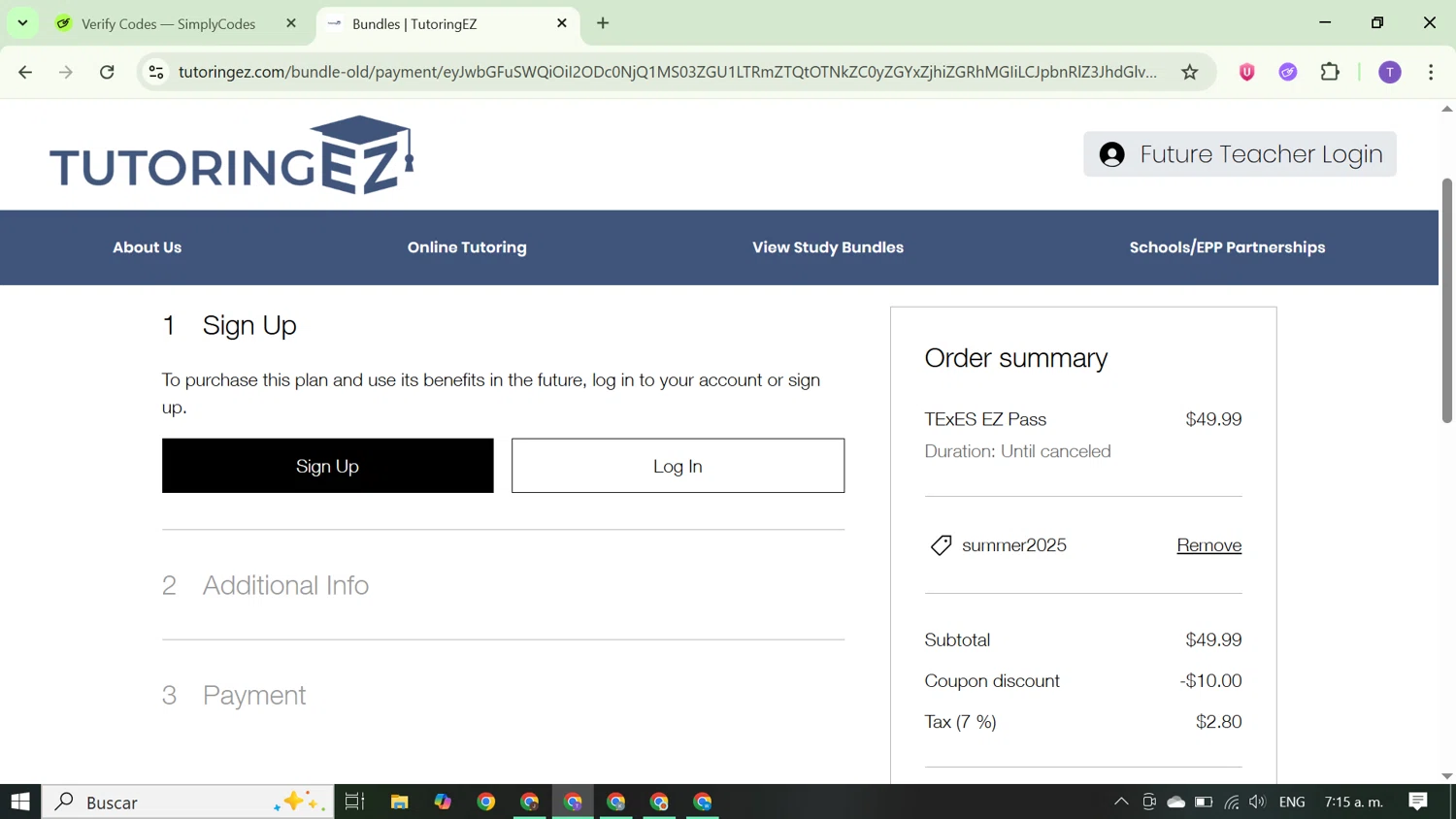TutoringEZ promo code screenshot showing code summer2025 applied at TutoringEZ checkout page. Uploaded by SimplyCodes community member FortunateCurator5882 on Sep 19, 2025