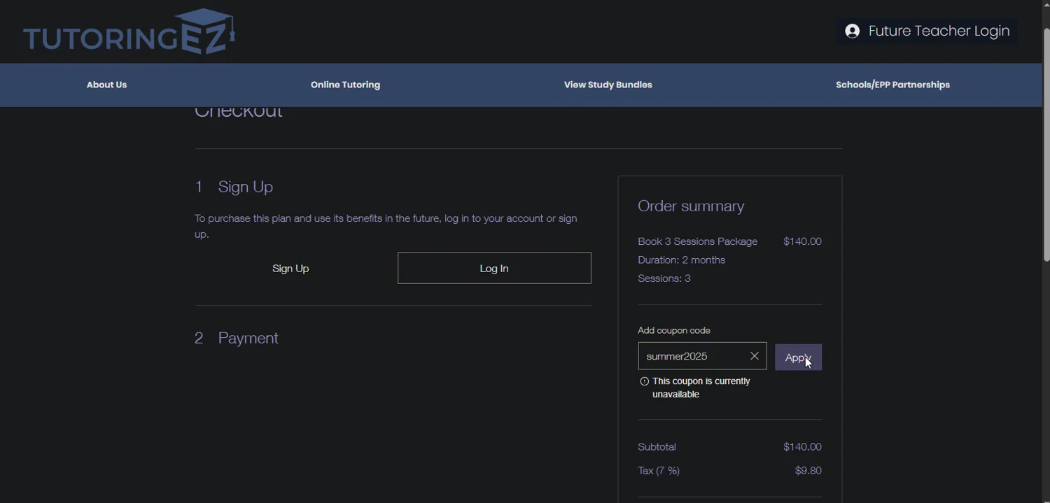 TutoringEZ promo code screenshot showing code summer2025 applied at TutoringEZ checkout page. Uploaded by SimplyCodes community member TreasureMaestro5413 on Nov 16, 2025
