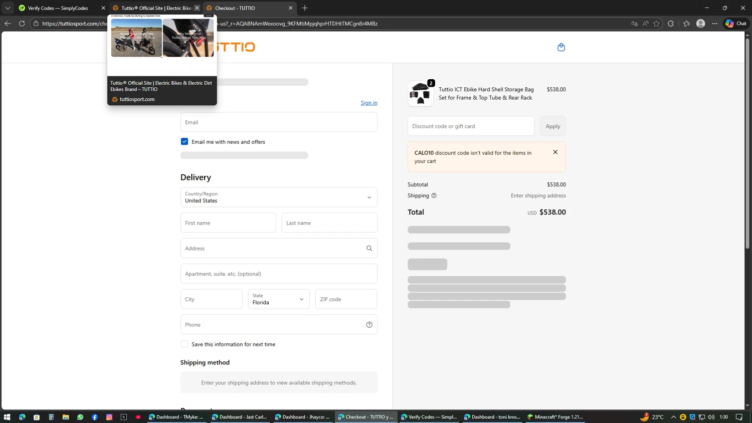 TUTTIO promo code screenshot showing code CALO10 applied at TUTTIO checkout page. Uploaded by SimplyCodes community member AVAMUSTANG on Feb 21, 2026