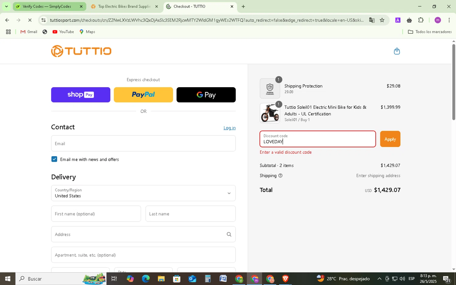 TUTTIO discount code screenshot showing code LOVEDAY applied at TUTTIO checkout page. Uploaded by SimplyCodes community member BudgetMonarch8952 on May 27, 2025